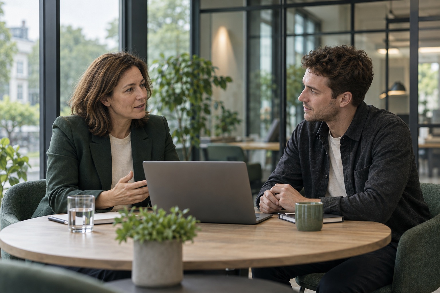 A sales manager and a rep in a one-to-one at a table with a laptop