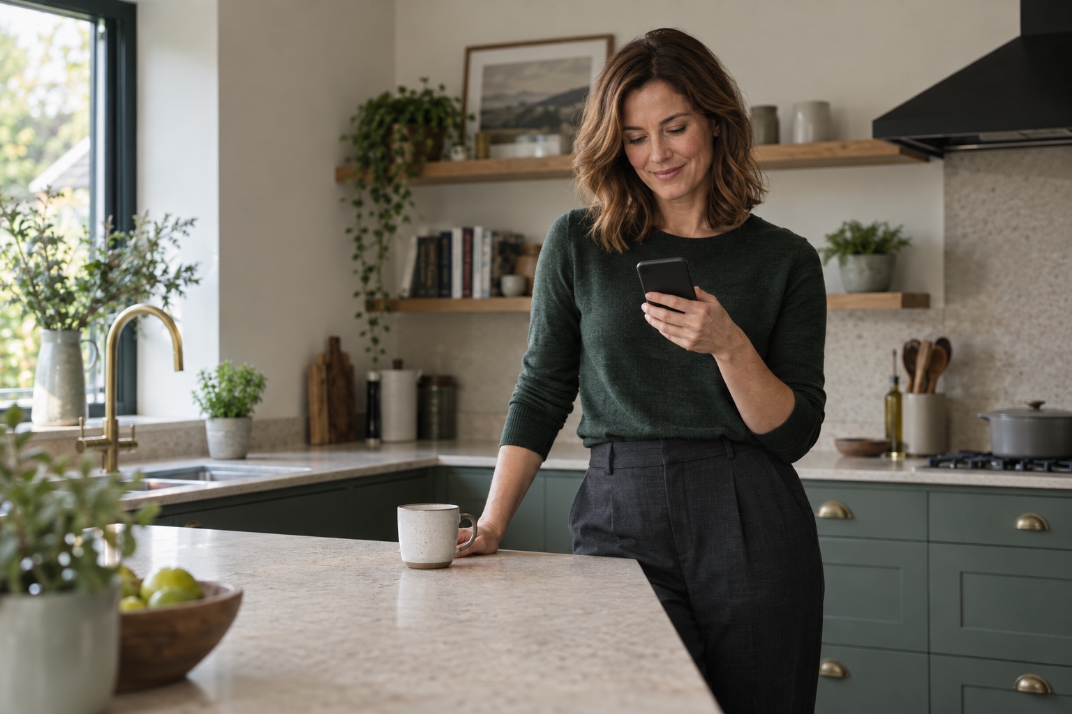 A sales manager reading the Monday brief on her phone in the kitchen