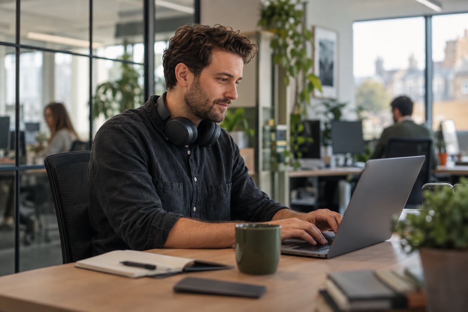 A sales rep working in Outlook at a desk